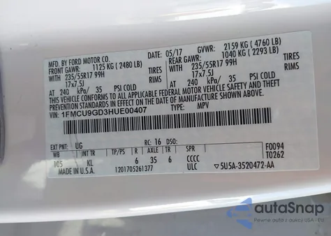 2017 Ford Escape Se z USA, uszkodzony, nr VIN 1FMCU9GD3HUE00407